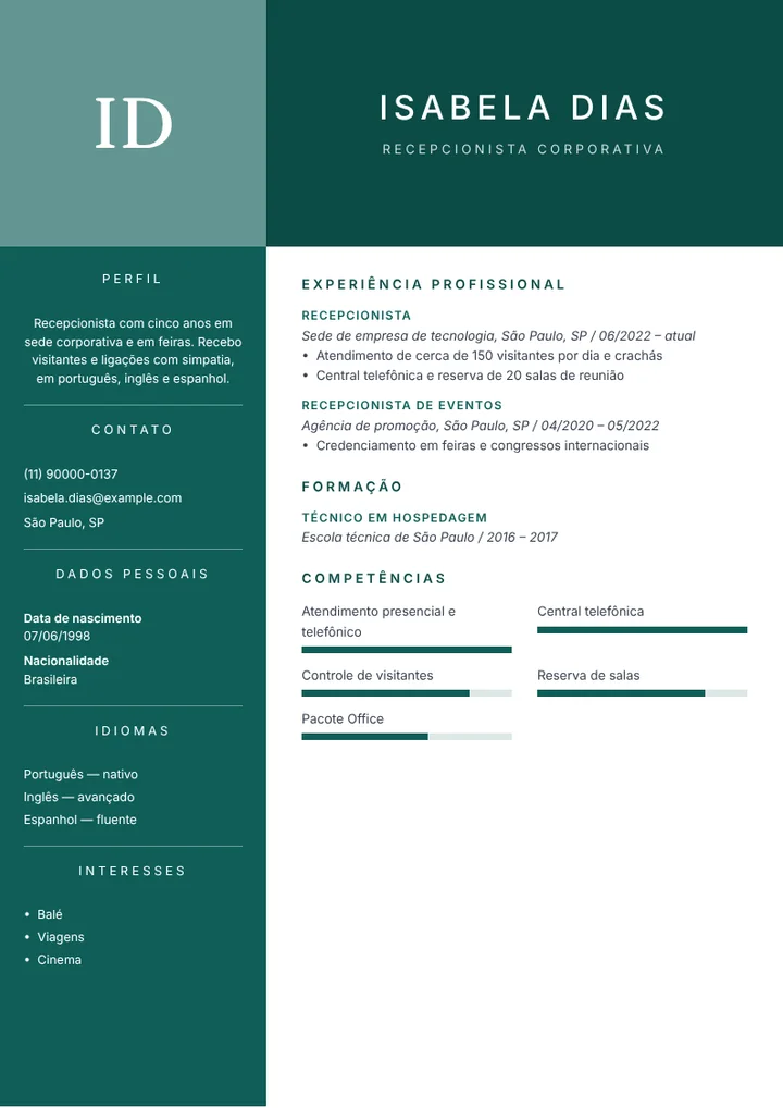 Exemplo de currículo de recepcionista corporativa com idiomas