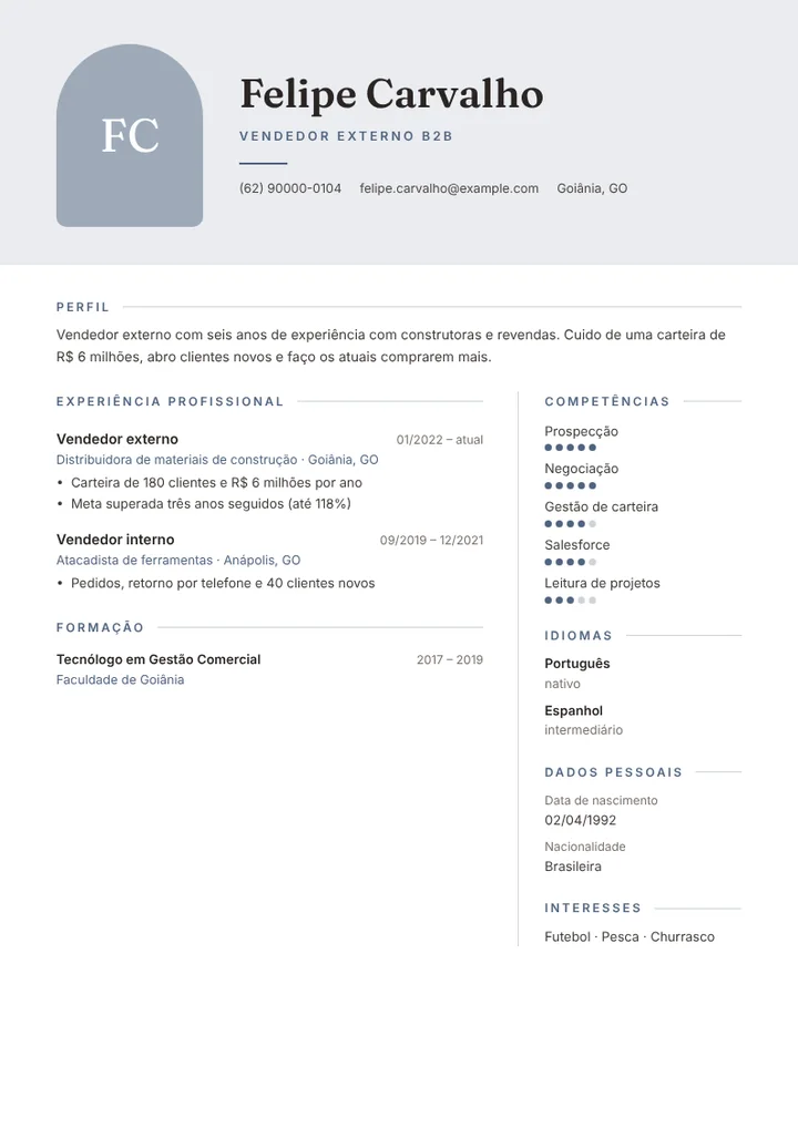 Exemplo de currículo de vendedor externo B2B com metas