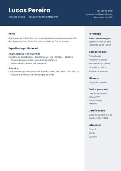 Exemplo de currículo sem experiência para auxiliar de loja