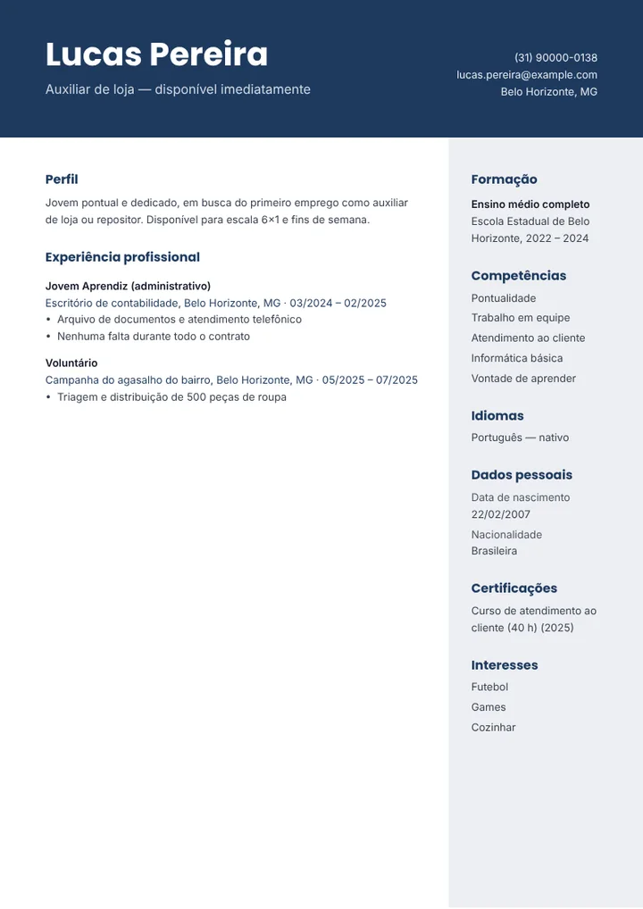 Exemplo de currículo sem experiência para auxiliar de loja
