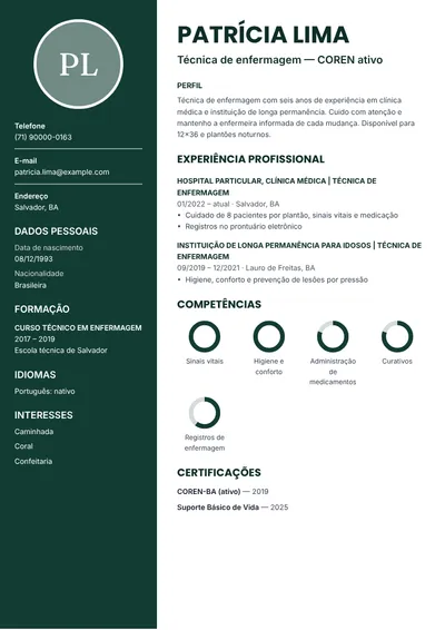 Exemplo de currículo de técnica de enfermagem com COREN