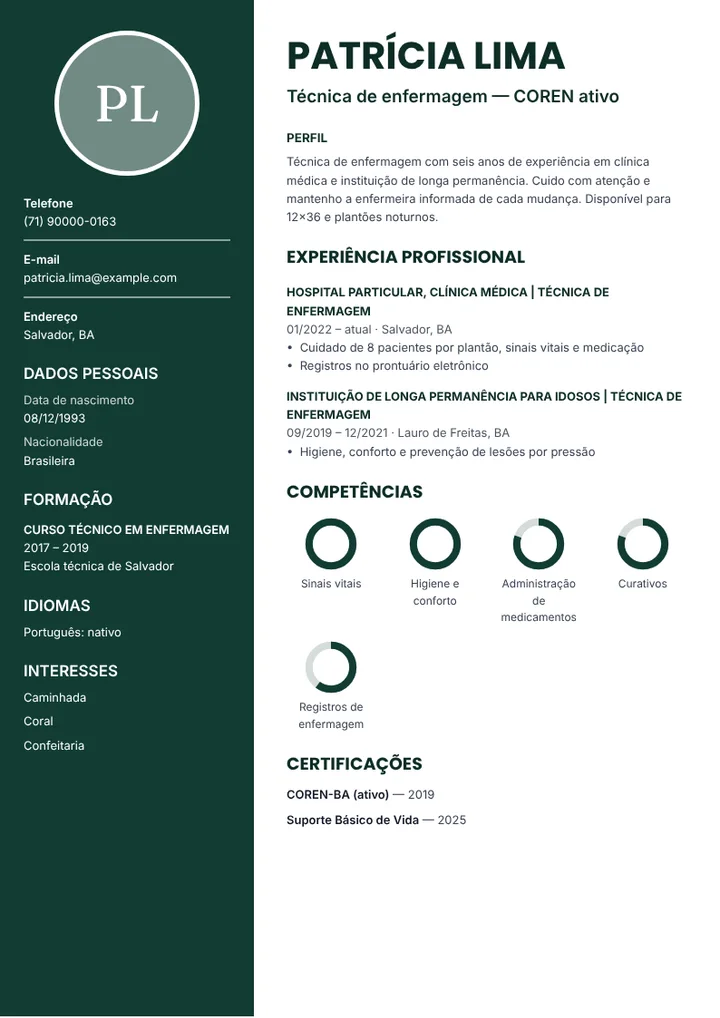 Exemplo de currículo de técnica de enfermagem com COREN