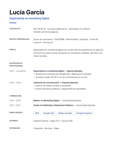 Plantilla de currículum Minimalista (sin foto)