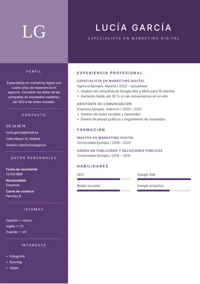 Ejemplo de currículum hecho con CVflash (plantilla Prestigio)
