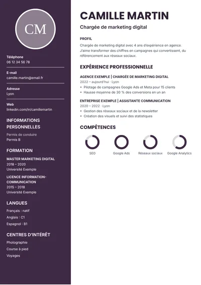 Modèle de CV Aubergine, avec photo