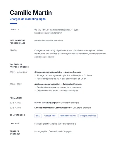 Modèle de CV Minimal, sans photo