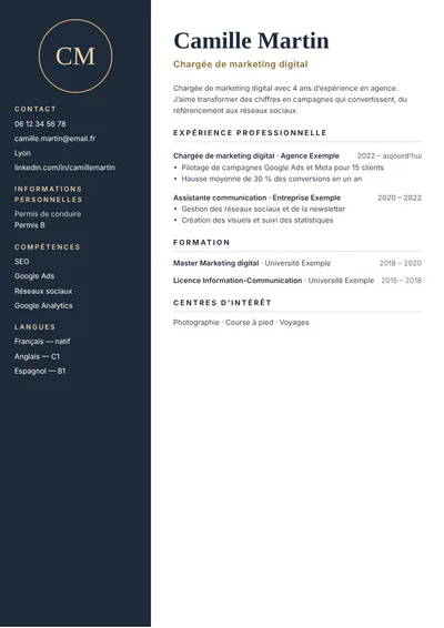 Modèle de CV Nuit, sans photo