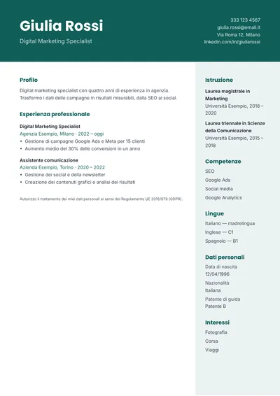 Modello di curriculum Fascia (senza foto)