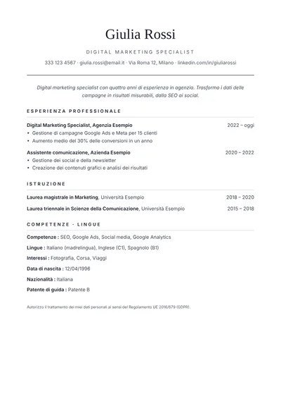 Modello di curriculum Classico (senza foto)