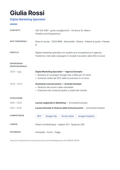 Modello di curriculum Minimal (senza foto)