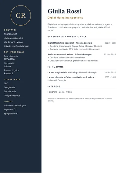 Modello di curriculum Notte (senza foto)