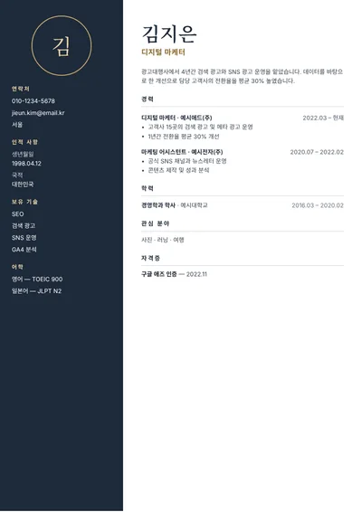 이력서 템플릿: 나이트(사진 없음)