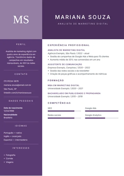 Exemplo de currículo feito com o CVflash (modelo Prestígio)