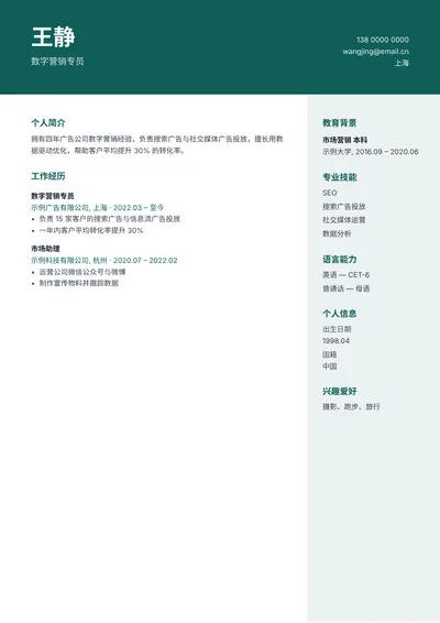 简历模板:横幅(无照片)