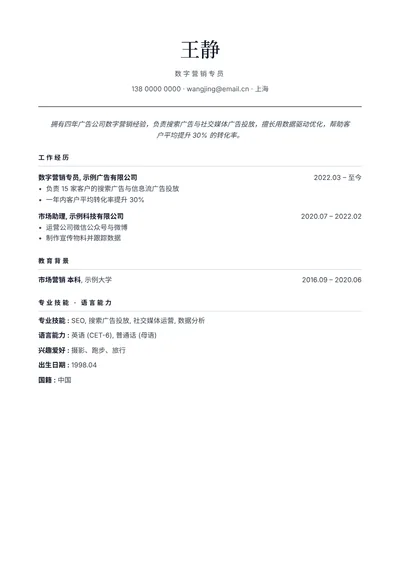 简历模板:经典(无照片)