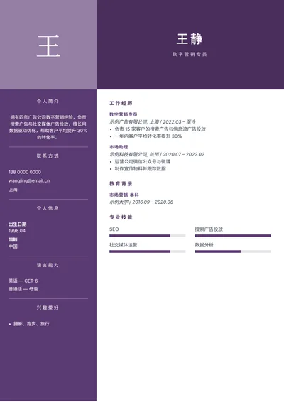 使用 CVflash 制作的简历示例(典雅模板)