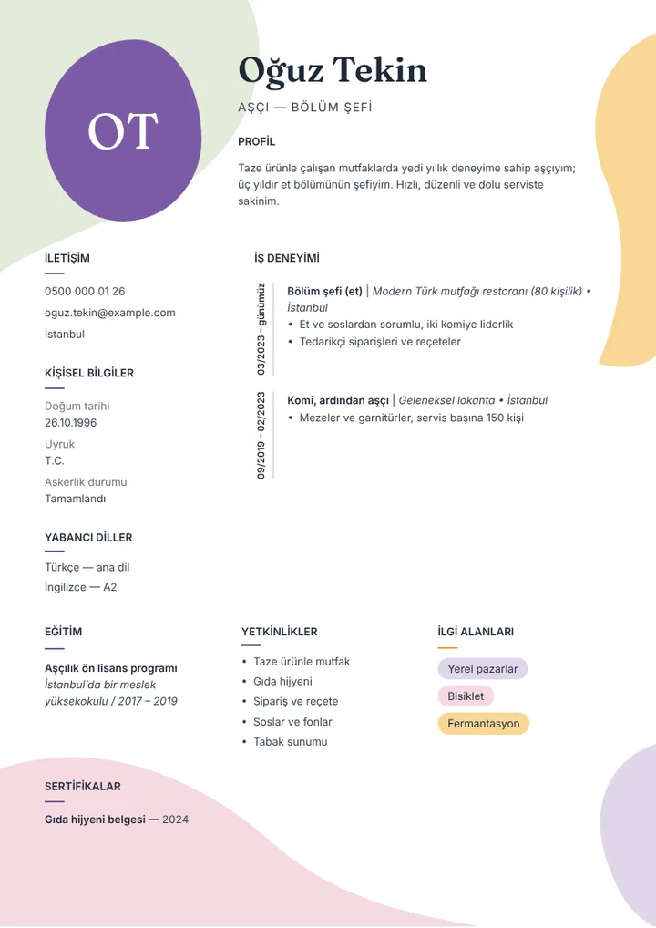 Bölüm şefi aşçı CV örneği