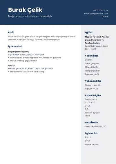 Mağaza personeli için deneyimsiz CV örneği