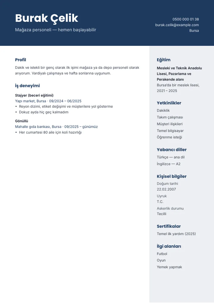 Mağaza personeli için deneyimsiz CV örneği