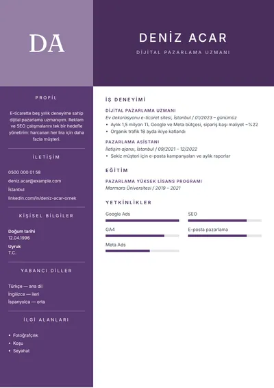 Sonuç odaklı dijital pazarlama uzmanı CV örneği