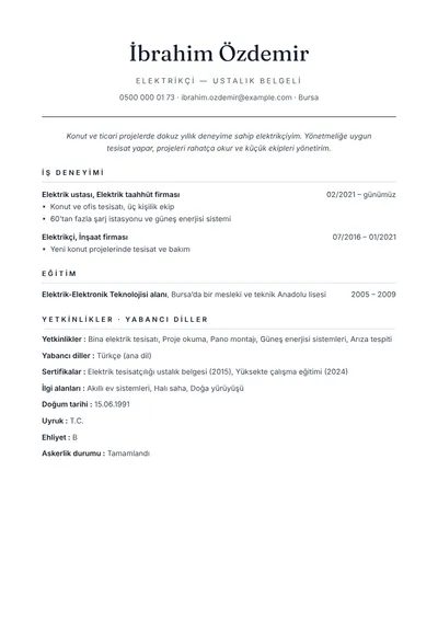 Ustalık belgeli elektrikçi CV örneği