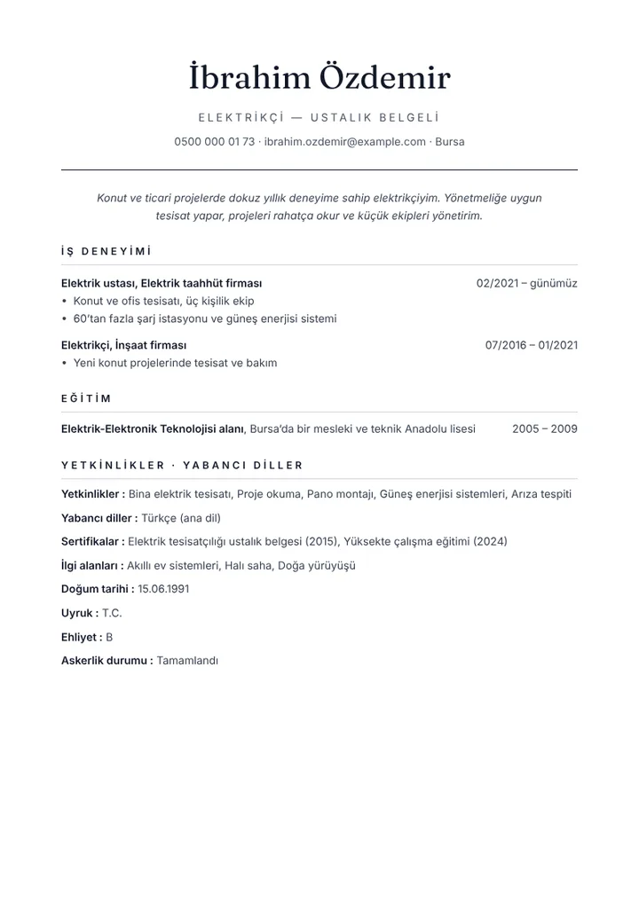 Ustalık belgeli elektrikçi CV örneği