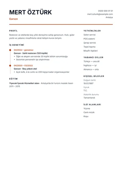 Yabancı dil bilen restoran garsonu CV örneği