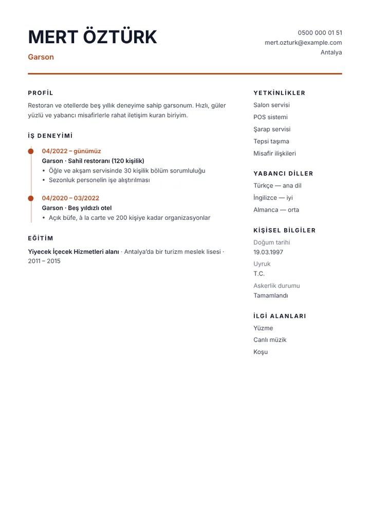 Yabancı dil bilen restoran garsonu CV örneği
