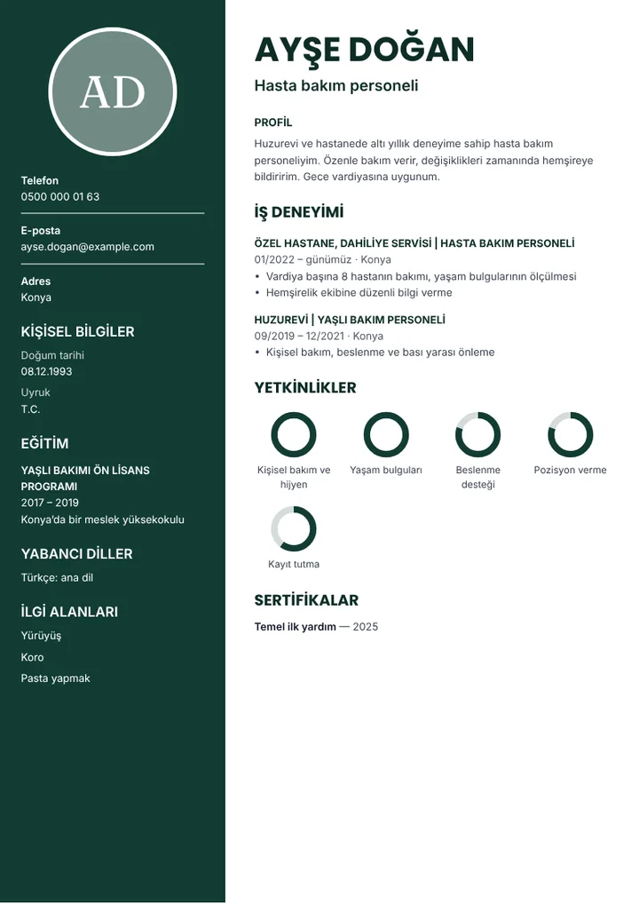Hasta ve yaşlı bakım personeli CV örneği