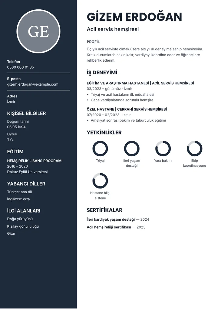 Acil servis hemşiresi CV örneği