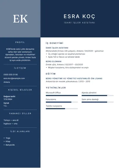 Bir şirkette çalışan idari işler asistanı CV örneği