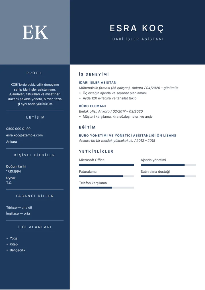 Bir şirkette çalışan idari işler asistanı CV örneği