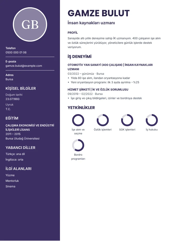 İnsan kaynakları uzmanı CV örneği