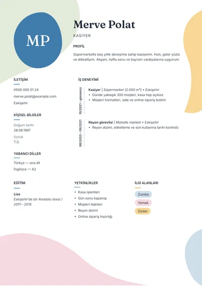 Süpermarket kasiyeri CV örneği
