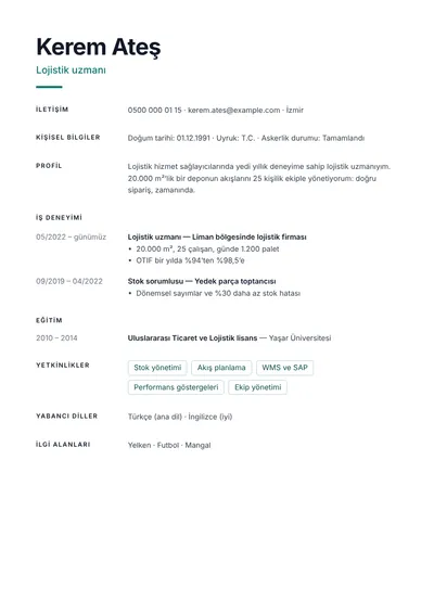 Performans göstergeleriyle lojistik uzmanı CV örneği