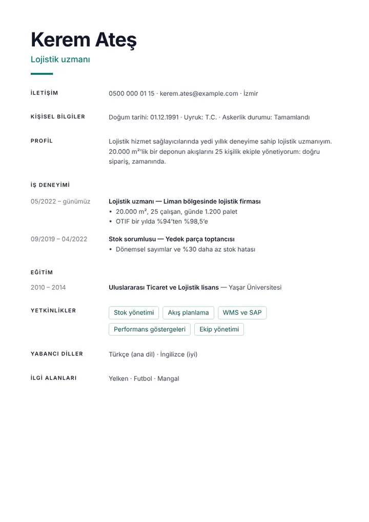 Performans göstergeleriyle lojistik uzmanı CV örneği