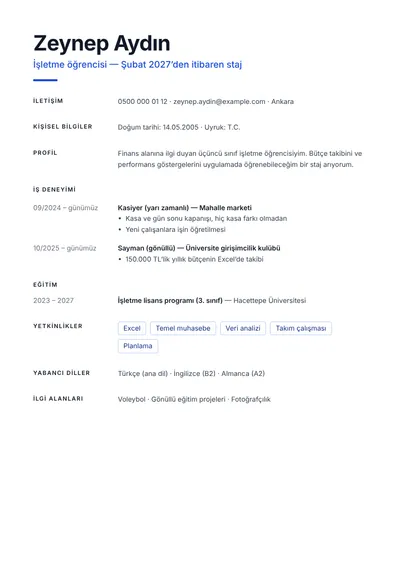 Staj arayan işletme öğrencisi için CV örneği