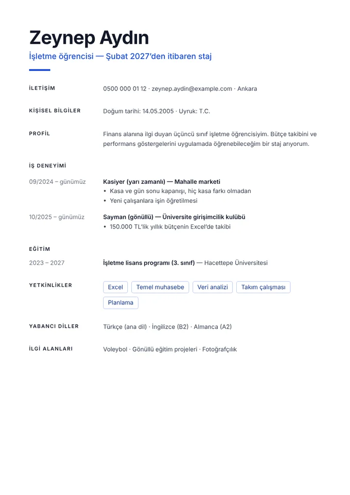 Staj arayan işletme öğrencisi için CV örneği