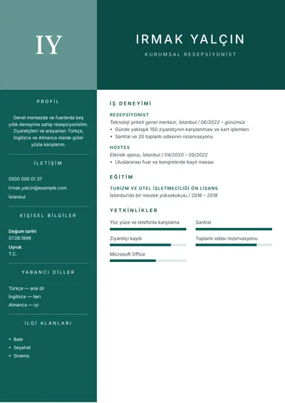 Yabancı dil bilen kurumsal resepsiyonist CV örneği
