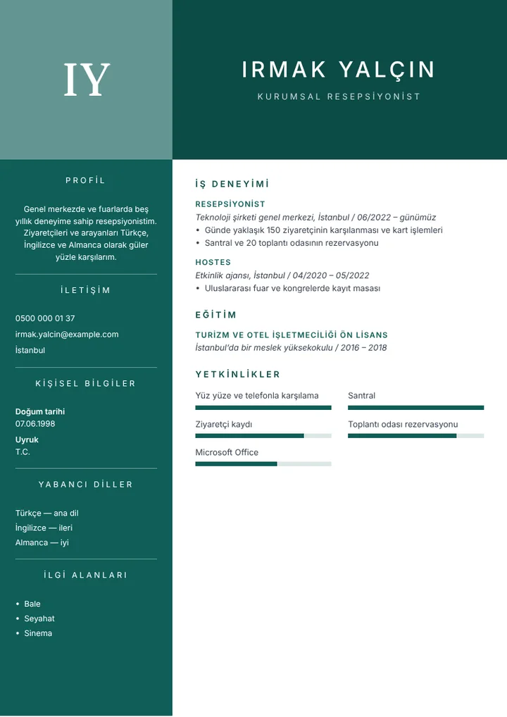 Yabancı dil bilen kurumsal resepsiyonist CV örneği