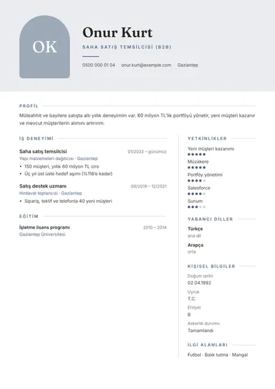 Hedefleri aşan B2B saha satış temsilcisi CV örneği