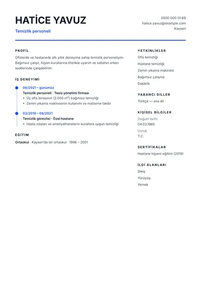 Ofis ve hastanede çalışmış temizlik personeli CV örneği