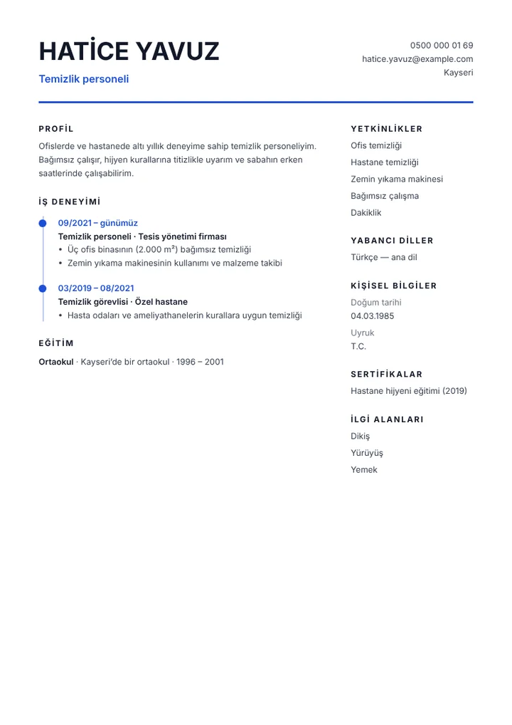 Ofis ve hastanede çalışmış temizlik personeli CV örneği