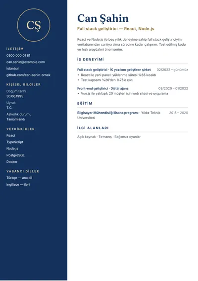 Full stack web geliştirici CV örneği