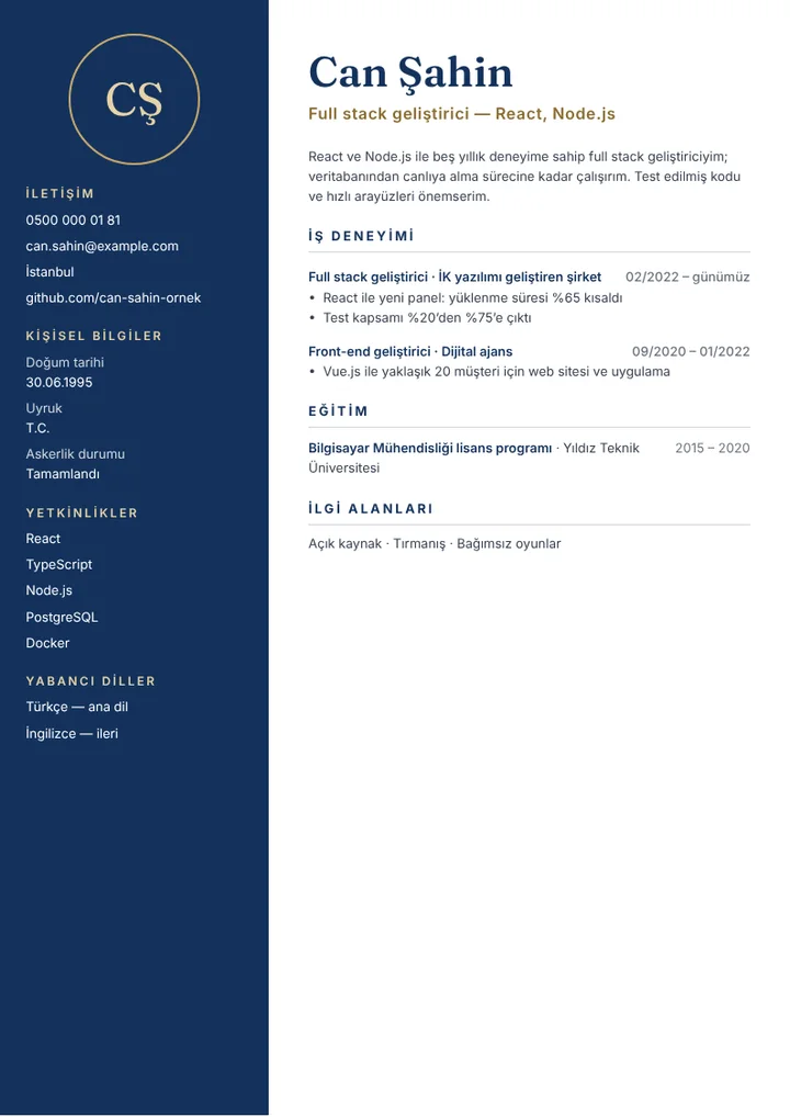 Full stack web geliştirici CV örneği