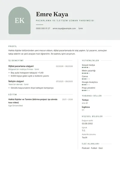 Pazarlama ve iletişim alanında yeni mezun CV örneği