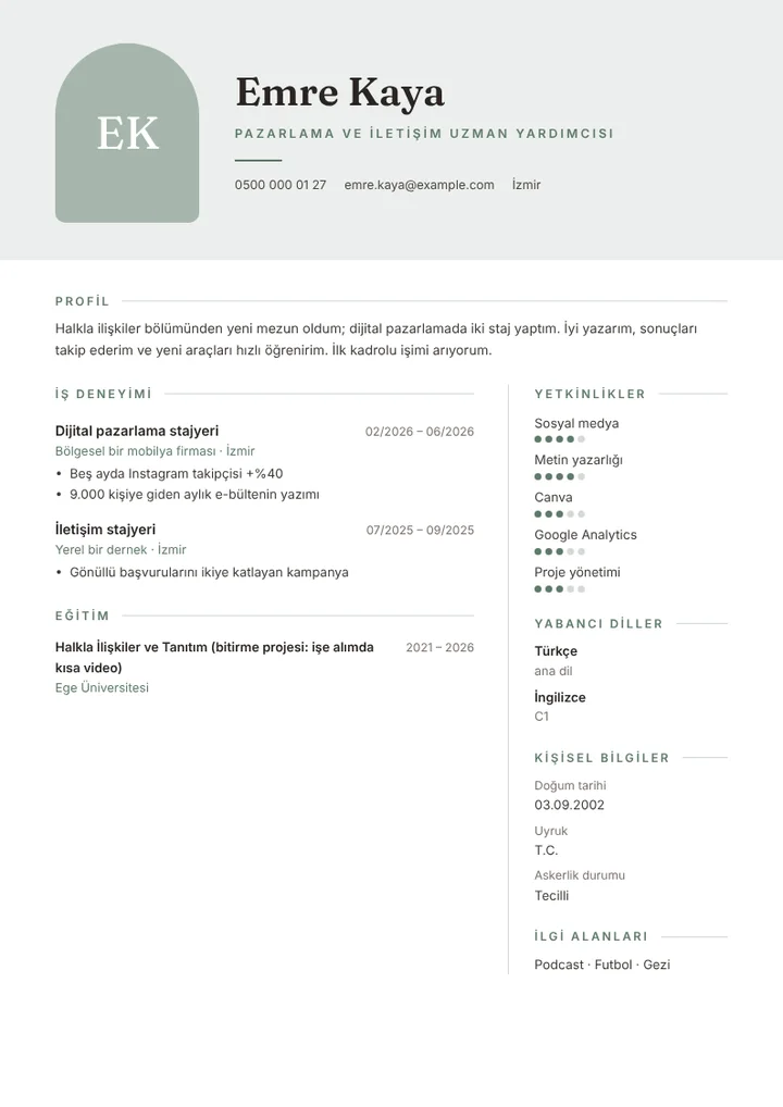 Pazarlama ve iletişim alanında yeni mezun CV örneği