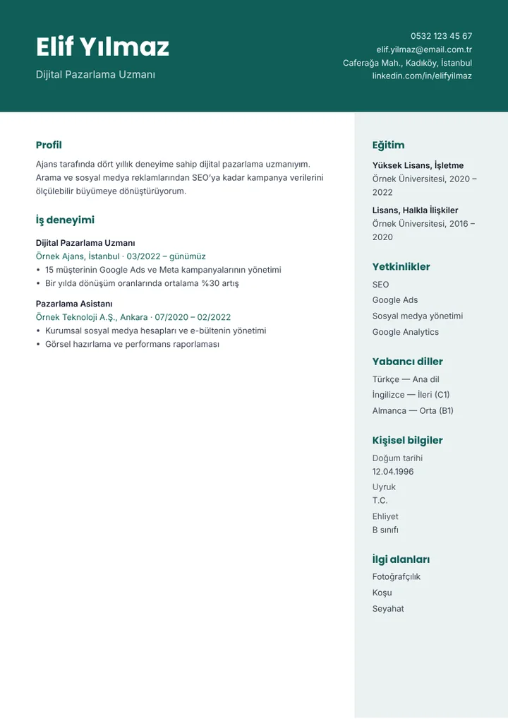 Örnek bilgilerle doldurulmuş Bant CV şablonu