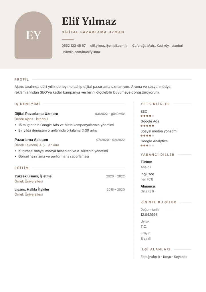 Örnek bilgilerle doldurulmuş Kemer CV şablonu