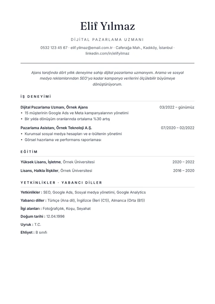 Örnek bilgilerle doldurulmuş Klasik CV şablonu